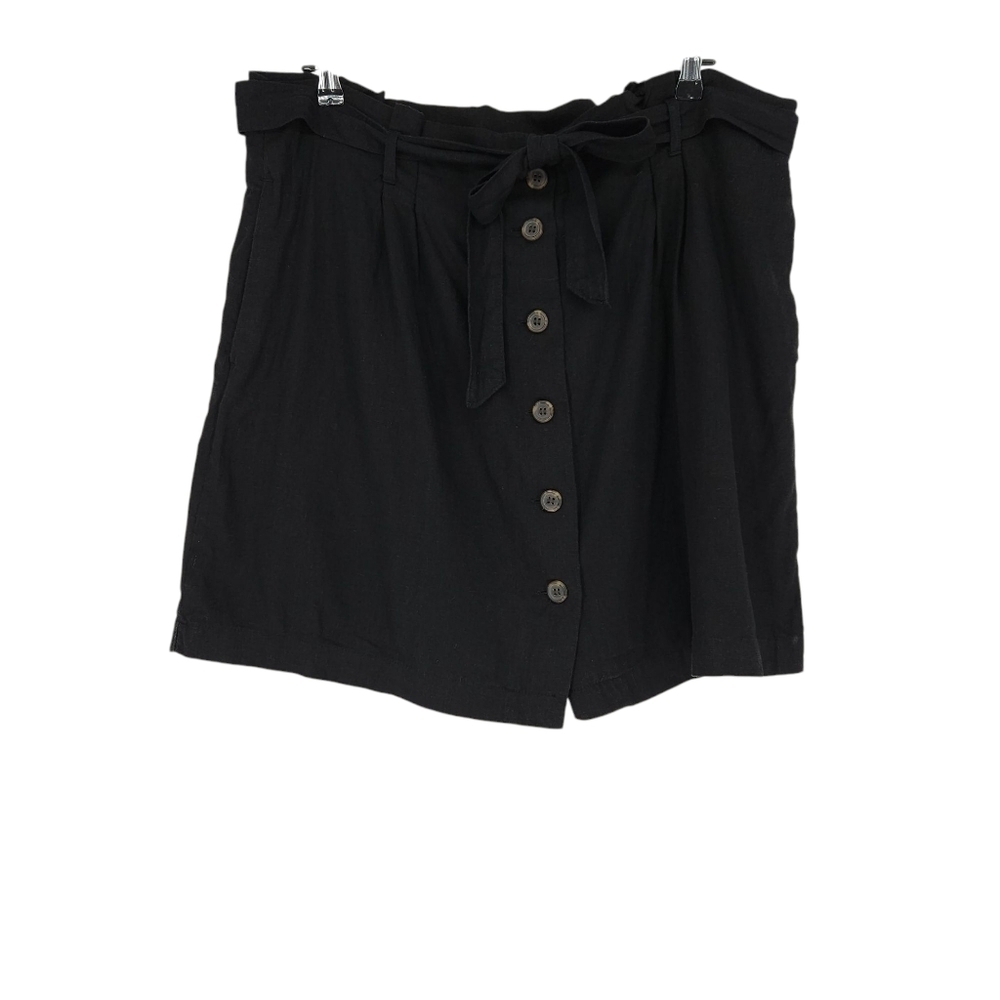 H&M Flare Pleated Skirt Linen Black Button Front Tie Belt Lightweight A Line 16